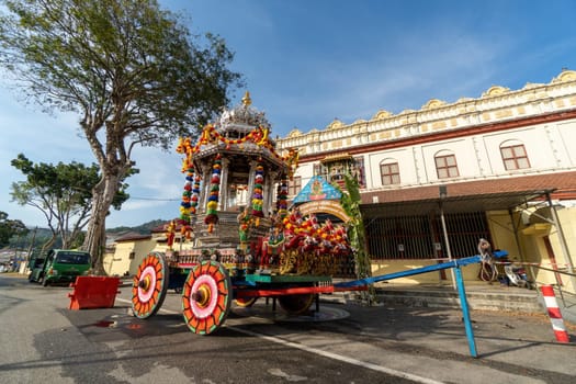 George Town, Penang, Malaysia - Jan 19 2022: Silver chariot park outdoor of Nattukkottai Chettiar Temple