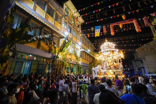 George Town, Penang, Malaysia - Jan 19 2022: Silver Chariot arrive Nagarathar Kovil Veedu temple during Thaipusam