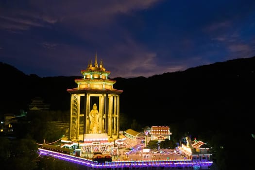 Ayer Itam, Penang, Malaysia - Feb 20 2022: Goddess of Mercy pavilion with led light illuminated during blue hour