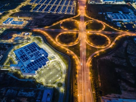 Batu kawan, Penang, Malaysia - Mar 14 2022: Aerial top view IKEA shopping mall with background of highway during blue hour