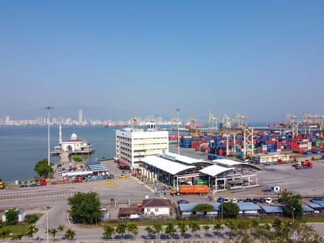 Butterworth, Penang, Malaysia - Mar 12 2022: Aerial view container terminal Port Butterworth in sunny day