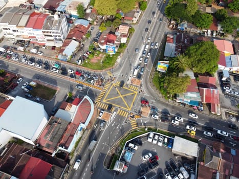 George Town, Penang, Malaysia - Jun 07 2022: Aerial view cross road at Gerogetown