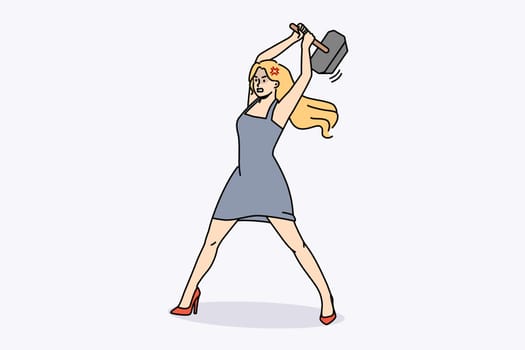 Furious woman with hammer in hands feel powerful and strong. Mad confident female blacksmith on heels holding hammer. Vector illustration.