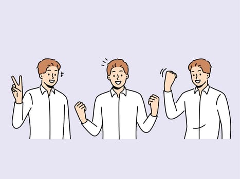 Smiling man make hand gestures celebrating success