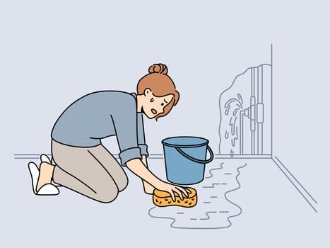 Worried woman cleaning water on floor from broken pipe. Anxious frustrated female collect water from burst pipes. Vector illustration.