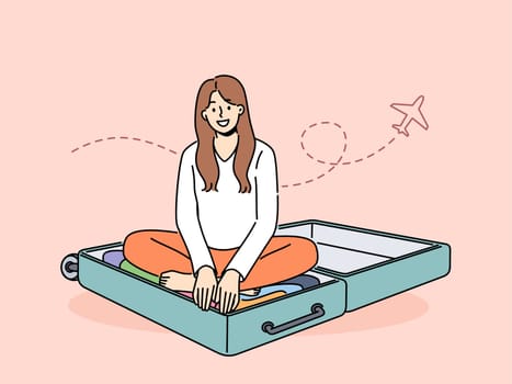 Smiling woman sit in suitcase excited about future travel. Happy girl in baggage waiting for vacation or holiday. Trip and adventure excitement. Vector illustration.