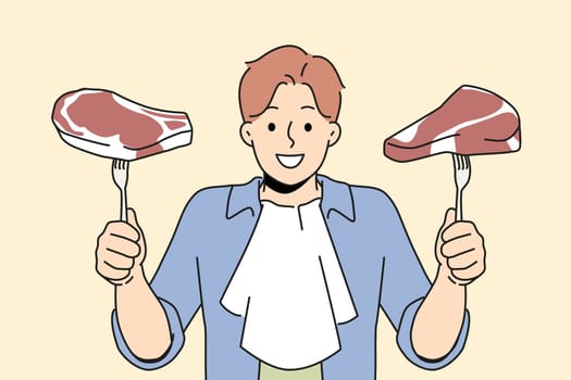 Smiling man holding steaks on forks in hands. Happy male ready to eat fresh meat excited about delicious dinner. Nutrition and diet concept. Vector illustration.
