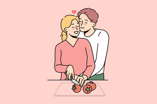 Happy couple in love preparing food together. Smiling man and woman lovers cooking at home kitchen. Vector illustration.