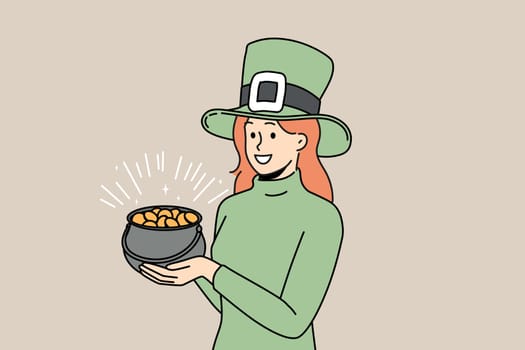 Smiling woman in green costume hold pot of gold. Happy girl follow irish traditions for saint Patrick day. Vector illustration.
