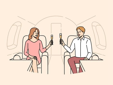 Happy couple cheers with champagne flying in private jet. Smiling successful man and woman drink on plane. Rich and wellness. Vector illustration.