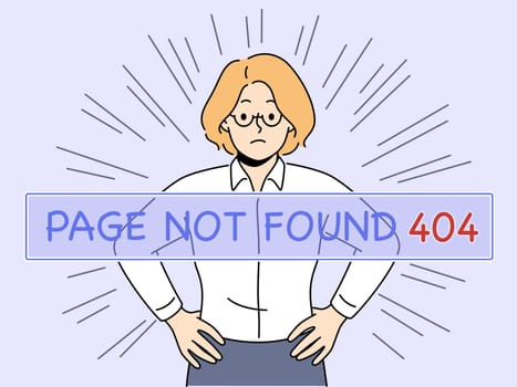 Distressed businesswoman see page not found problem. Unhappy female employee receive 404 error notification while working. Vector illustration.