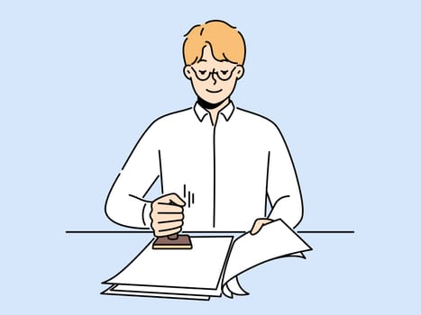 Male notary stamping documents in office. Smiling man worker sign with stamp official agreements at workplace. Vector illustration.