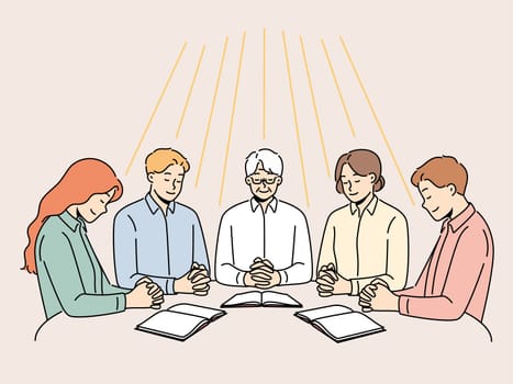 Group of diverse people sit at table praying together. Men and women engaged in prayer ask god for fate and fortune. Faith and religion. Vector illustration.