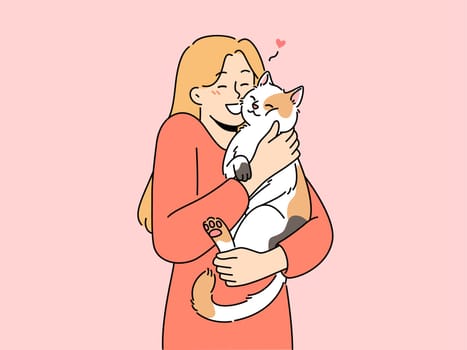 Happy woman hold cat in arms cuddling cute domestic animal. Smiling girl hug fluffy pet. Ownership and friendship. Vector illustration.