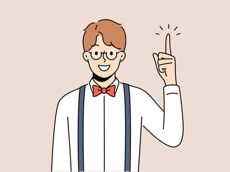 Smiling man in glasses point finger up make decision. Happy male in eyewear develop creative idea, brainstorm get bright answer. Vector illustration.