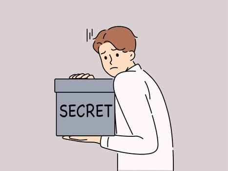 Distressed man holding black box with hidden information. Unhappy frustrated male employee with secret box in hands. Vector illustration.