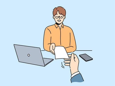 Smiling employer give check to worker in office. happy businessman pass paycheck to employee. Employment and compensation. Vector illustration.