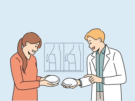 Smiling male plastic surgeon in uniform show breast implants to female client. Happy man cosmetic doctor consult woman patient in aesthetic medicine clinic. Vector illustration.