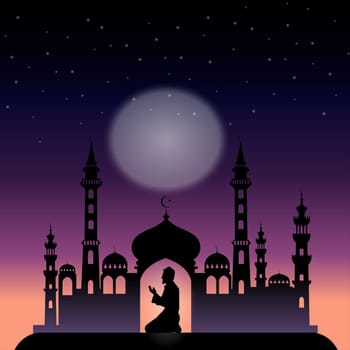 A man praying book at night near the window under the Ramadan Moon Light