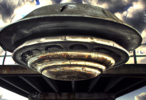 Unidentified flying object UFO. visually observable moving or stationary, flying or appearing to be flying object in the atmosphere or in outer space, or an optical phenomenon. UFO against of clouds