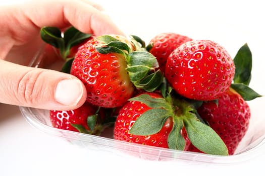 Ripe strawberries in a plastic package on a white background. Delicious fresh berries in a container for sale to customers. Keeping food fresh. Healthy food. Woman's hand holding strawberries