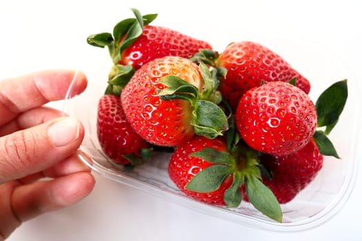 Ripe strawberries in a plastic package on a white background. Delicious fresh berries in a container for sale to customers. Keeping food fresh. Healthy food. Woman's hand holding strawberries