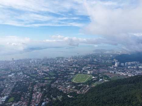 George Town, Penang, Malaysia - Jun 25 2022: Aerial view Penang island in blue sunny day