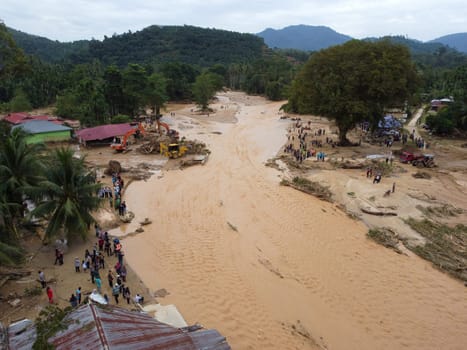 Baling, Kedah, Malaysia - Jul 05 2022: Aerial view disaster of flash flood scene