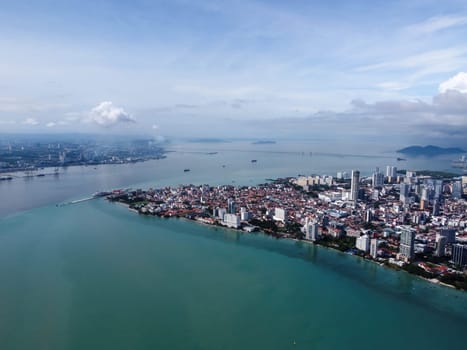 Gurney, Penang, Malaysia - Jun 12 2022: Aerial view Georgetown in blue day