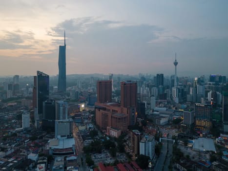 Bukit Bintang, Kuala Lumpur, Malaysia - Nov 28 2022: Aerial view KL city skyscraper in blue hour