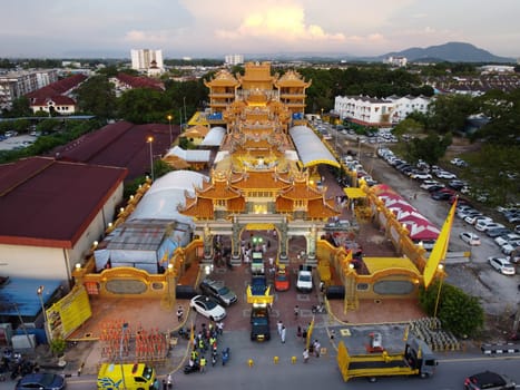 Butterworth, Penang, Malaysia - Sep 25 2022: Aerial view facade Jalan Raja Uda Tow Boo Kong Nine emperor temple