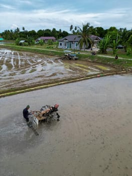 Seberang Perai, Penang, Malaysia - Oct 16 2022: Vertical view farmer plough at the paddy field