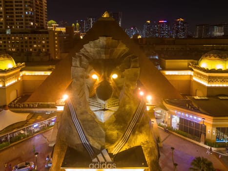 Sunway, Selangor, Malaysia - Nov 07 2022: Drone shot Sunway Pyramid Shopping Mall lion statue in night
