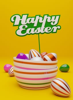 Many colorful Easter eggs with a sign and the words Happy Easter on a yellow background, modern Easter background, 3d rendering