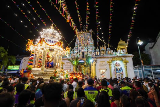 George Town, Penang, Malaysia - Jan 19 2022: Silver chariot at outdoor of Sri Mahamariamman Temple