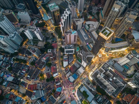 Bukit Bintang, Kuala Lumpur, Malaysia - Nov 28 2022: Top down view Bukit Bintang city building and street in dusk hour