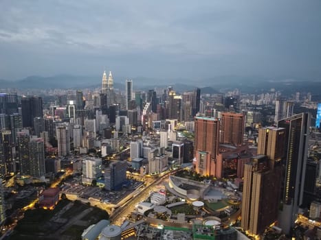Bukit Bintang, Kuala Lumpur, Malaysia - Sep 11 2022: Aerial view Bukit Bintang skyscraper in blue hour