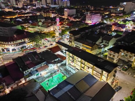 George Town, Penang, Malaysia - Sep 24 2022: Aerial view old town heritage near Masjid Kapitan Keling in night