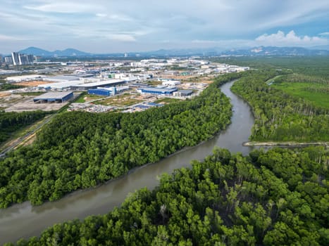 Batu Kawan, Penang, Malaysia - Oct 20 2022: Aerial view green mangrove tree forest and background of Batu Kawan Industrial Park