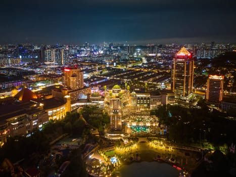 Sunway, Selangor, Malaysia - Nov 09 2022: Aerial view Sunway Pyramid, Sunway Lagoon, Sunway Resort in night
