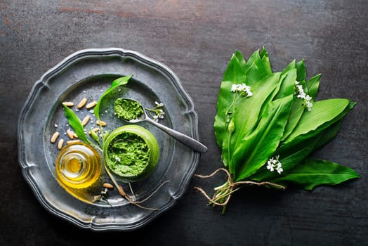 Making Fresh ramson or wild garlic pesto. Healthy spring food concept