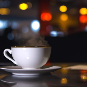 Cup of a hot tea in cafe. Anamorphic bokeh effect. Tilt-shift photo. Tasty aromatic tea in a lovely cup with a saucer. The tea is getting cold. Natural aroma. Label or advertisement. Evaporation