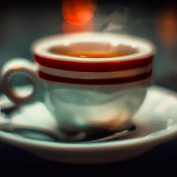 Cup of a hot tea in cafe. Anamorphic bokeh effect. Tilt-shift photo. Tasty aromatic tea in a lovely cup with a saucer. The tea is getting cold. Natural aroma. Label or advertisement. Evaporation