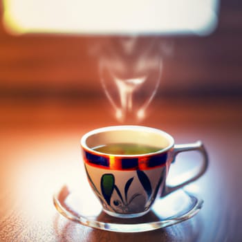Cup of a hot tea in cafe. Anamorphic bokeh effect. Tilt-shift photo. Tasty aromatic tea in a lovely cup with a saucer. The tea is getting cold. Natural aroma. Label or advertisement. Evaporation