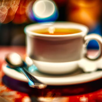 Cup of a hot tea in cafe. Anamorphic bokeh effect. Tilt-shift photo. Tasty aromatic tea in a lovely cup with a saucer. The tea is getting cold. Natural aroma. Label or advertisement. Evaporation