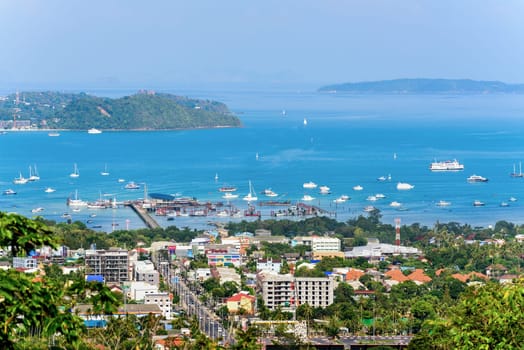 High angle view dock travel by boat at Ao Chalong bay and city sea side in Phuket Province, Thailand