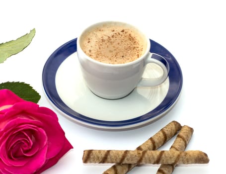 cappuccino mug, cookies and rose close up, a still life on a subject drinks