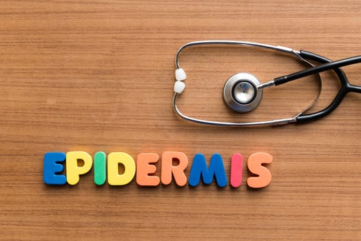 epidermis colorful medical word and stethoscope on the wooden background