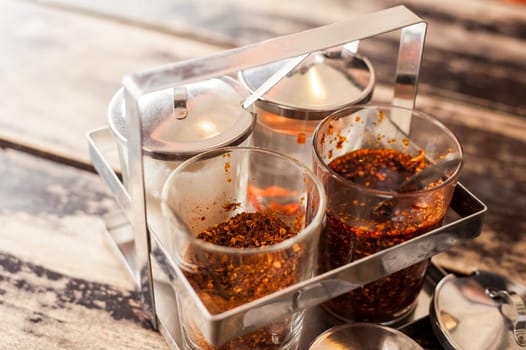 Thai condiment pepper, Sugar and fish sauce for noodle or padthai