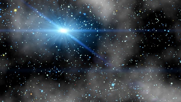 Blue lens flare in star and cloudy background. 2D layout illustration